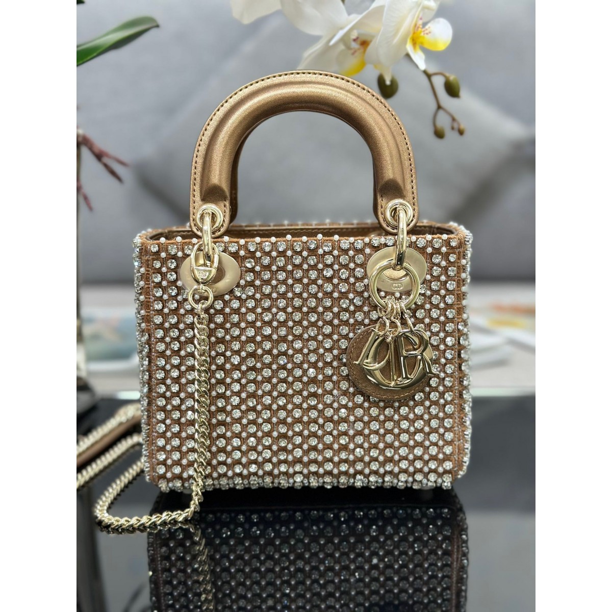 Dior Lady Dior Mini Chain Bag in Square with Strass and Beads High Quality Replica
