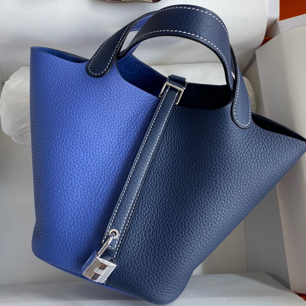 High Quality Replica Hermes Picotin Lock 18 Bicolor Handmade Bag in Blue and Blue Saphir Clemence Leather $ 399 USD